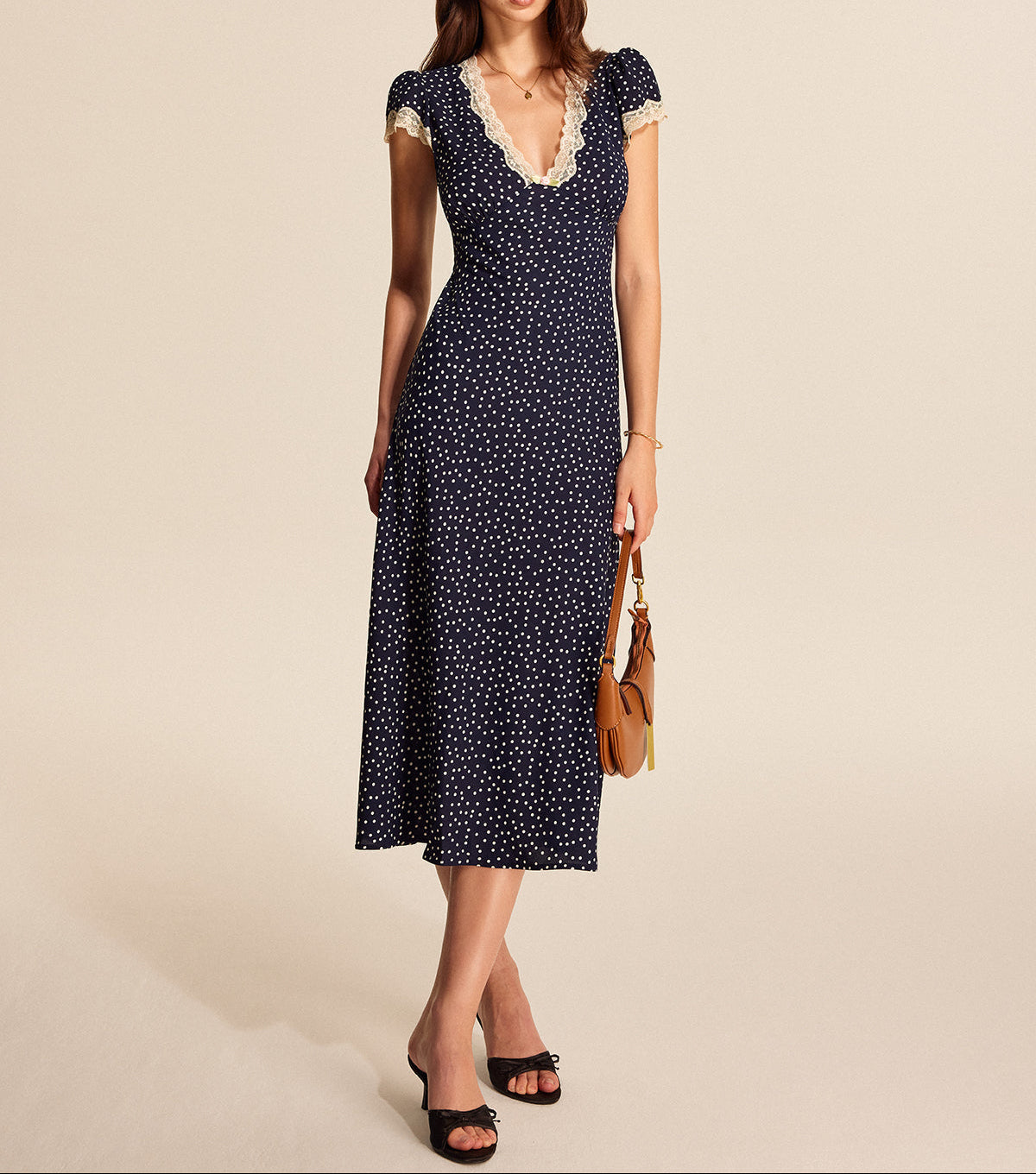 Vestido Midi Estampado para Mulher com Decote em V e Renda