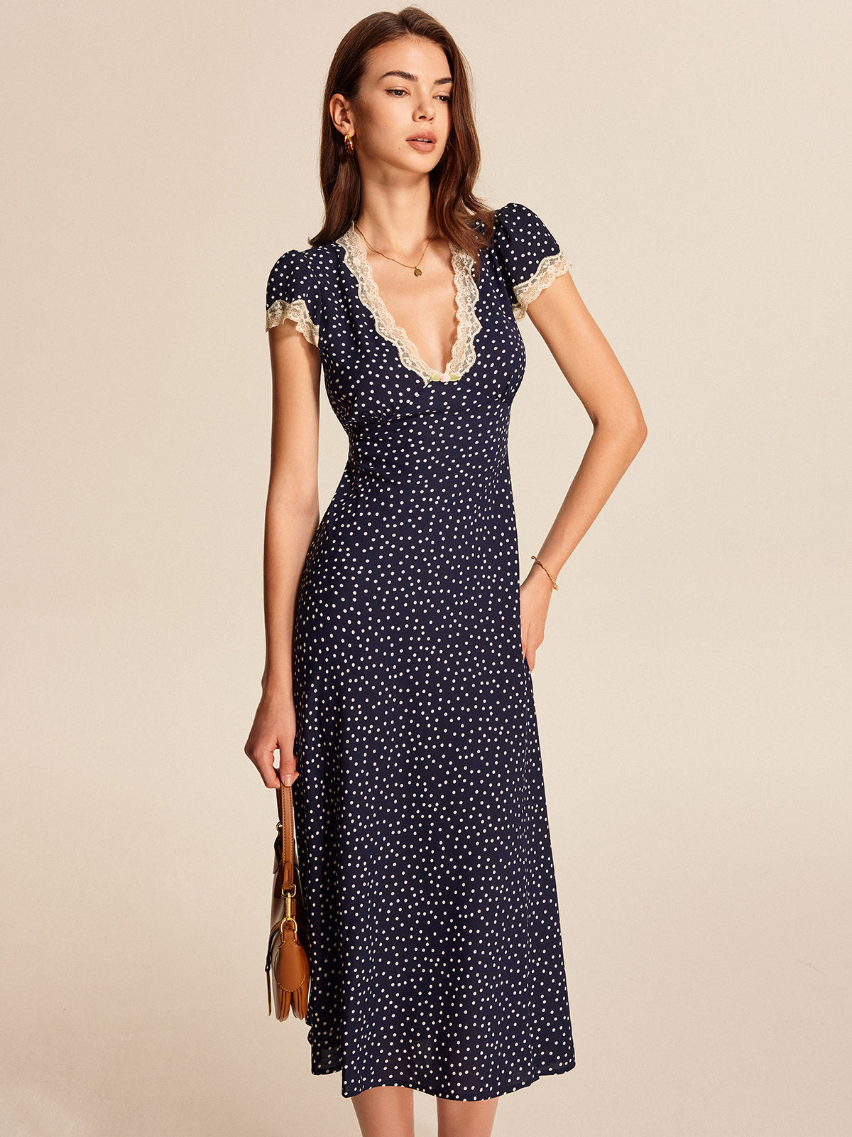Women’s Printed Midi Dress With Lace V Neck Trim