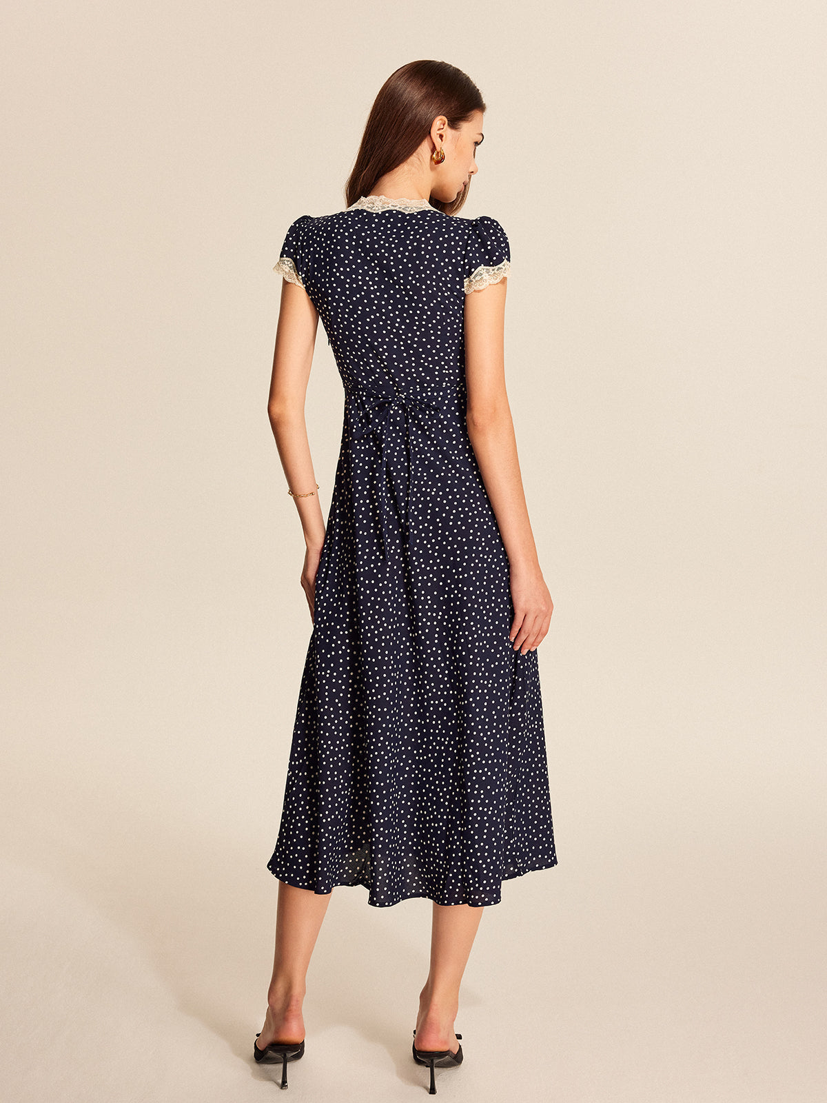 Women’s Printed Midi Dress With Lace V Neck Trim