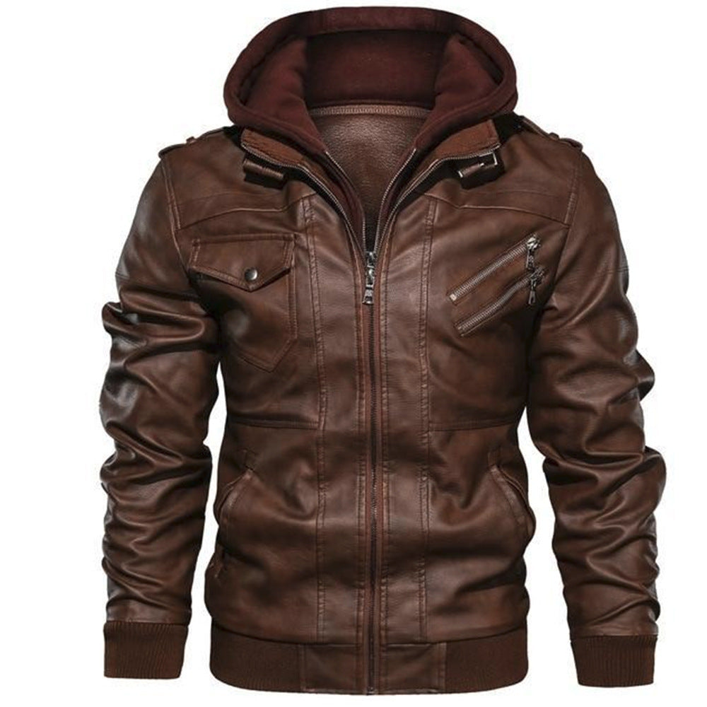 Men’s Hooded Leather Moto Jacket – Multi-Zip Casual Layer for Cooler Days