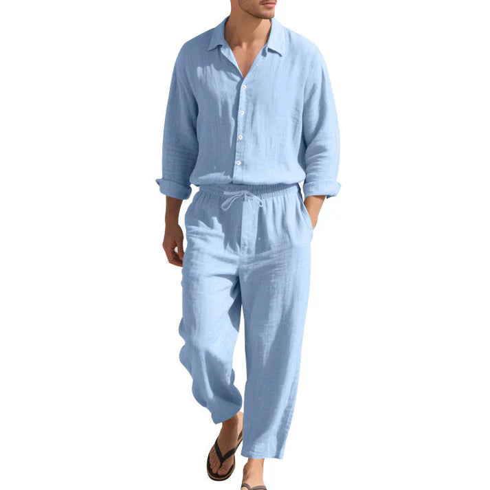 Set pentru bărbați din in, cămașă și pantaloni lejeri asortați