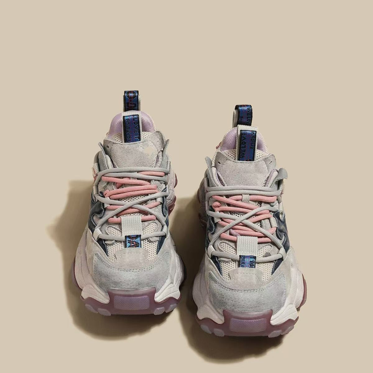 Damskie masywne sneakersy na platformie – przewiewne, sznurowane buty z siateczki i rzeźbioną, grubą podeszwą, na co dzień