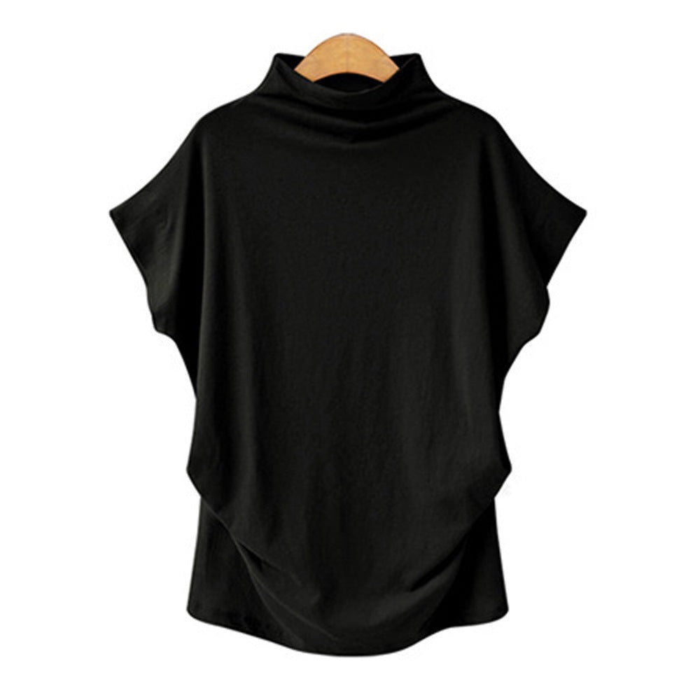 Women’s Draped High Neck Top with Short Batwing Sleeves and Asymmetric Hem – Relaxed Oversized Style for Smart Casual and Evening Outfits