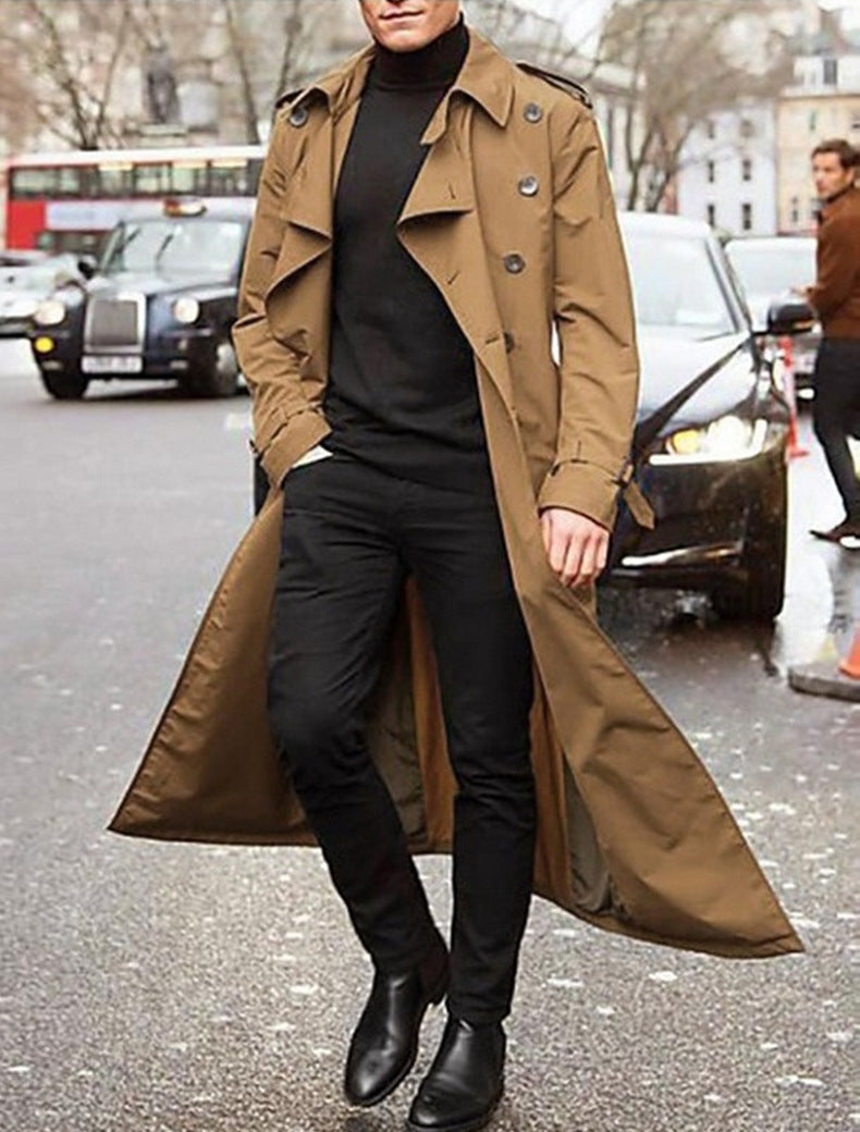 Trench-coat long à double boutonnage pour homme – Superposition ajustée spectaculaire avec pattes d’épaule et sangles aux poignets