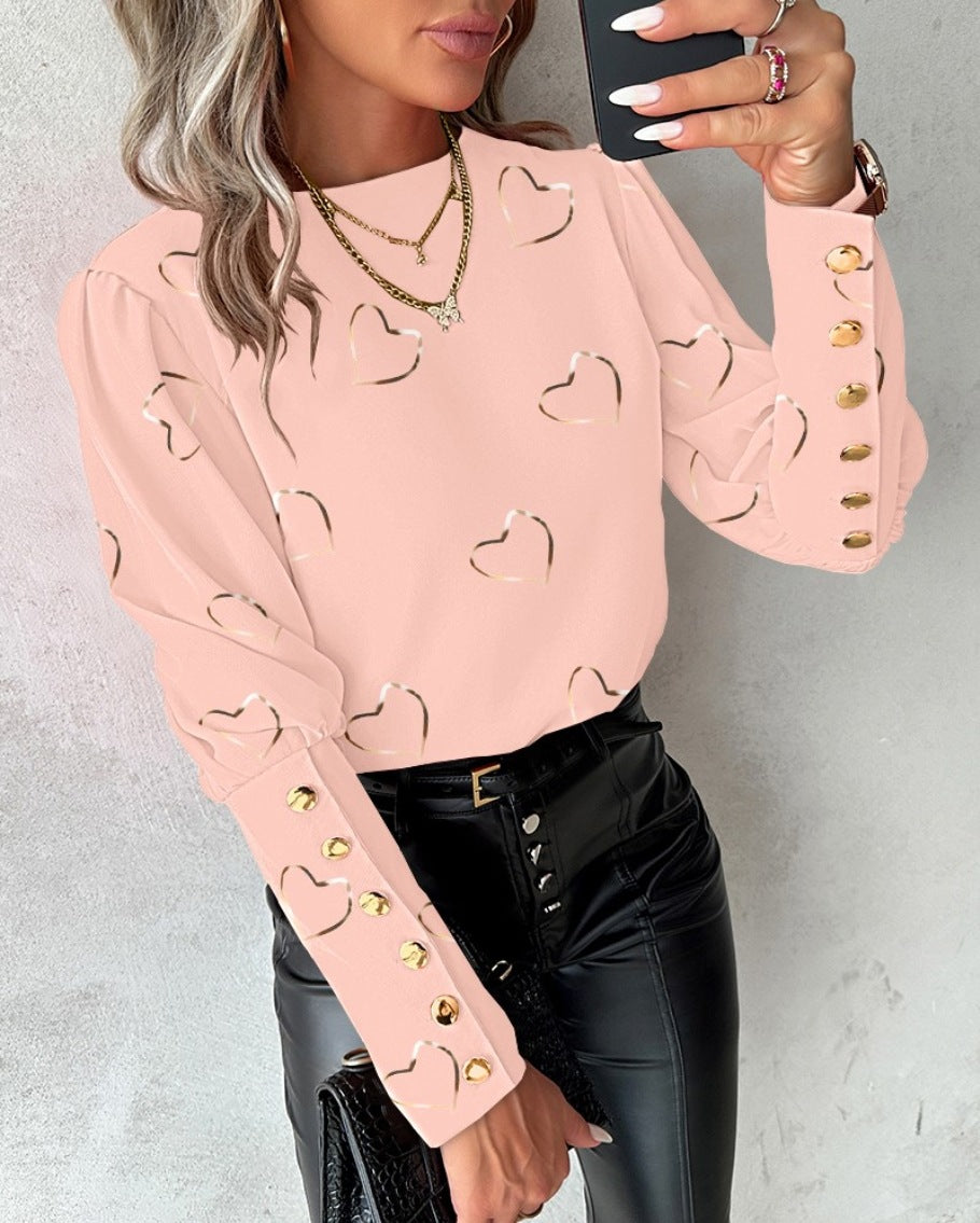 Top donna a maniche lunghe con bottoni – floreale, elegante, confortevole, traspirante, casual, collo rotondo, camicetta da tutti i giorni