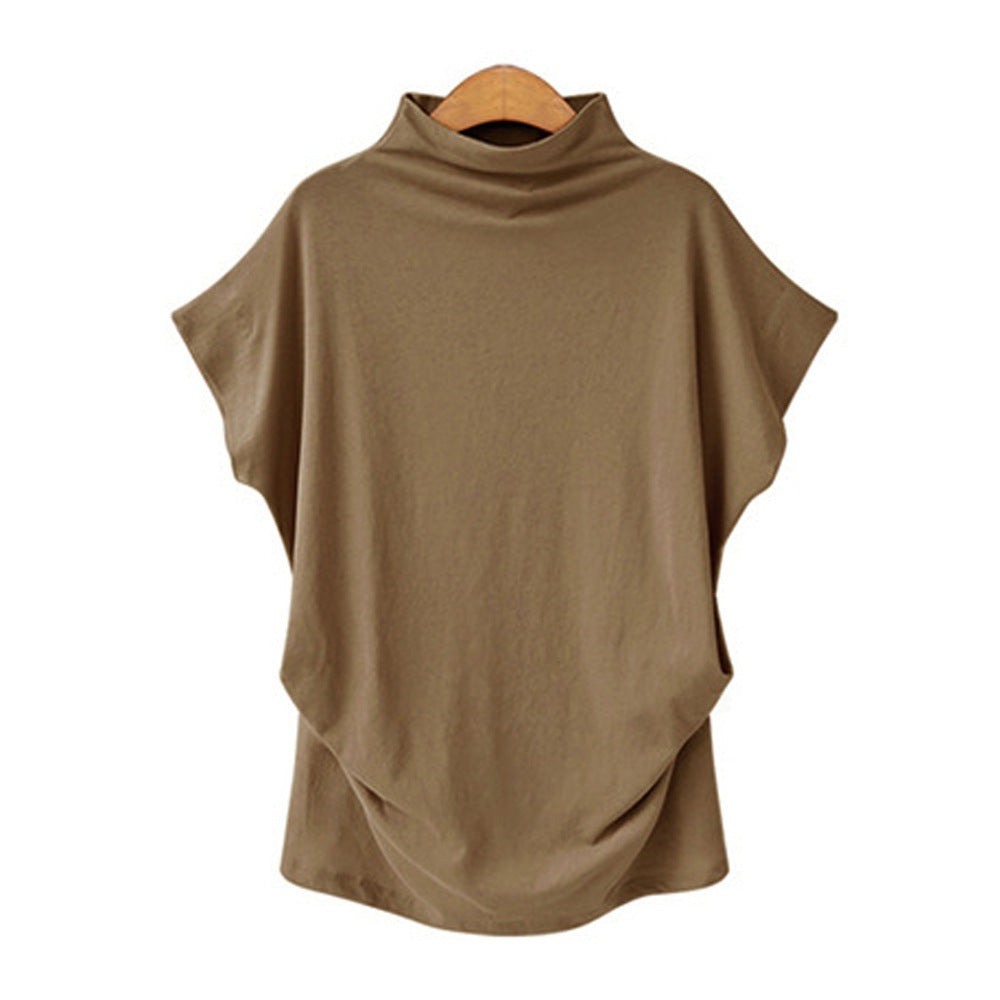 Women’s Draped High Neck Top with Short Batwing Sleeves and Asymmetric Hem – Relaxed Oversized Style for Smart Casual and Evening Outfits