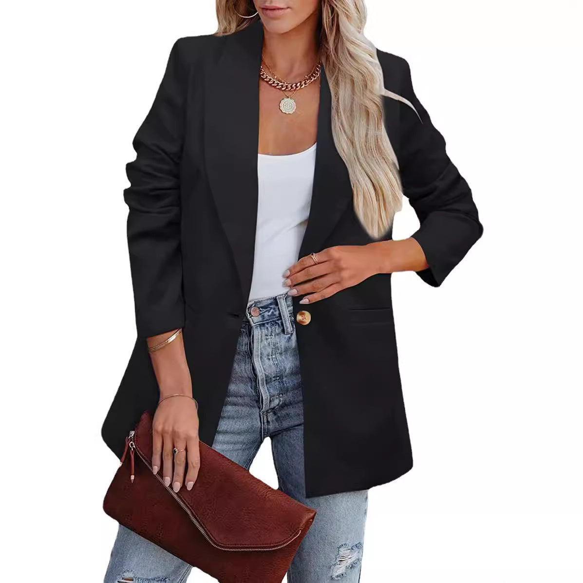 Blazer lungo da donna dalla vestibilità comoda con revers a lancia – Giacca monopetto con un bottone per l’ufficio e gli outfit casual eleganti