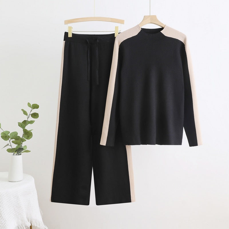 Ensemble pantalon en viscose tricotée pour femme - haut à manches longues avec pantalon large taille haute à cordon de serrage