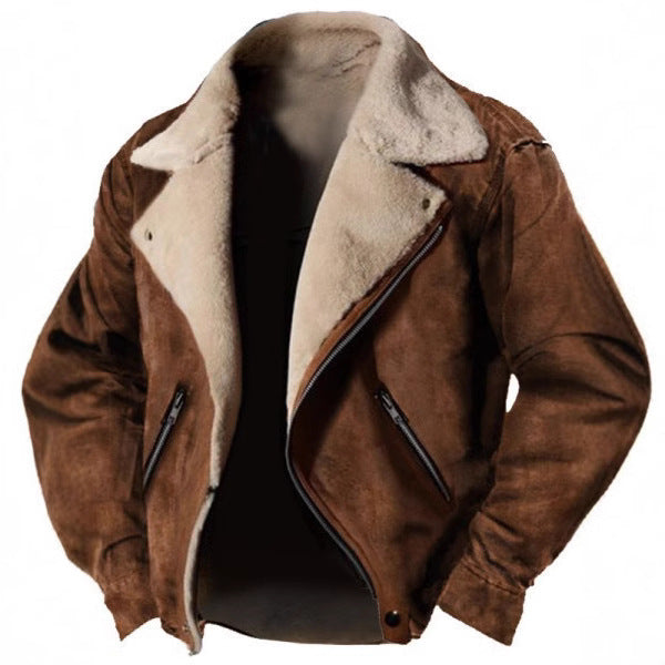 Men’s Fur-Lined Suede Biker Jacket – Retro Winter Outerwear with Asymmetric Zip