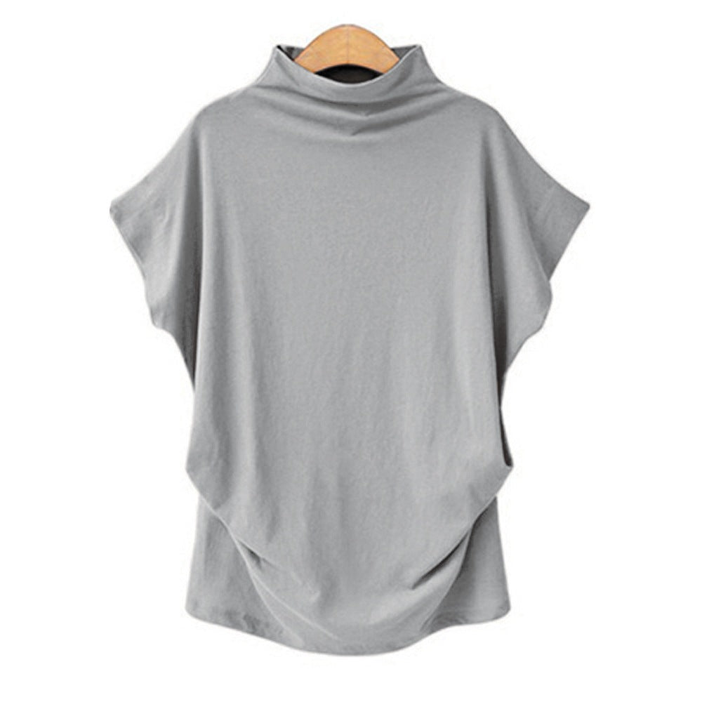 Women’s Draped High Neck Top with Short Batwing Sleeves and Asymmetric Hem – Relaxed Oversized Style for Smart Casual and Evening Outfits