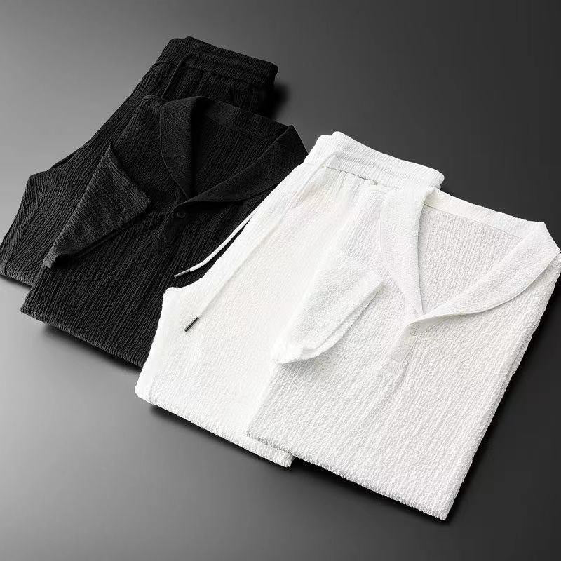 Men’s Textured Shawl Collar Shirt and Tapered Trousers Set