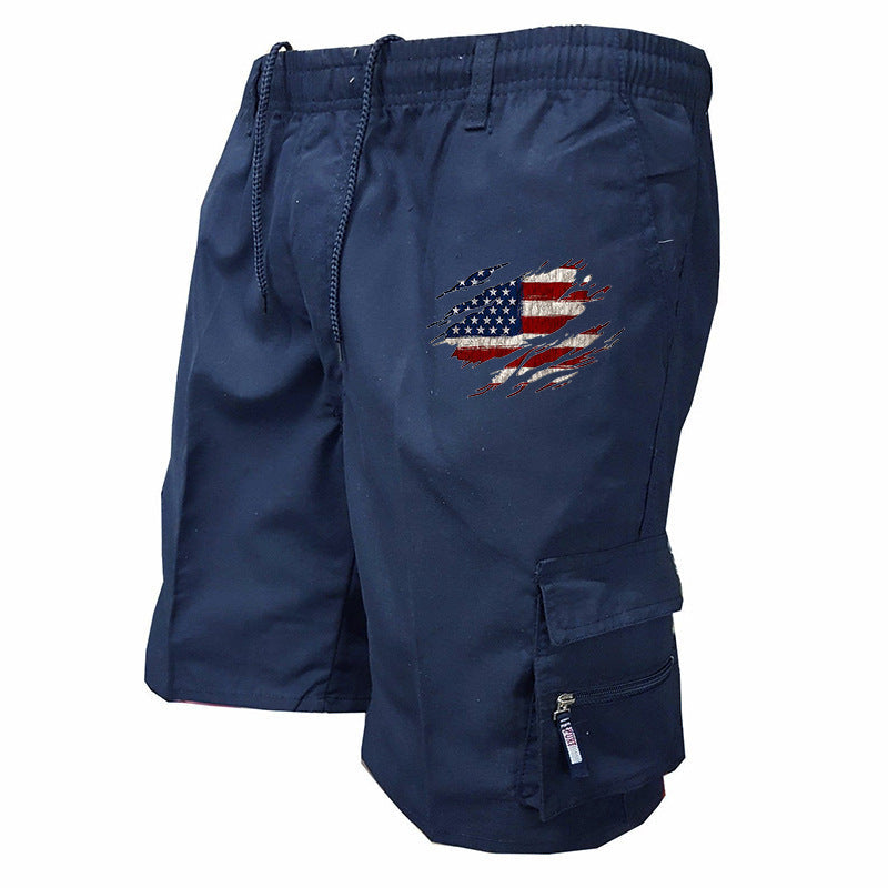 Grafiske cargoshorts til mænd - elastisk talje med snøre, praktiske lommer og amerikansk flagdetalje til sommerbrug