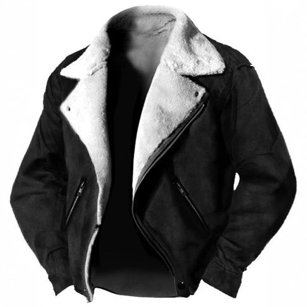 Men’s Fur-Lined Suede Biker Jacket – Retro Winter Outerwear with Asymmetric Zip