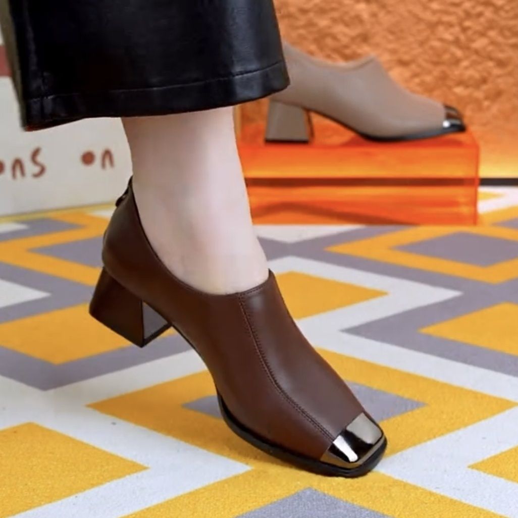 Pantofi cu toc gros pentru femei, din piele, slip-on, cu vârf pătrat