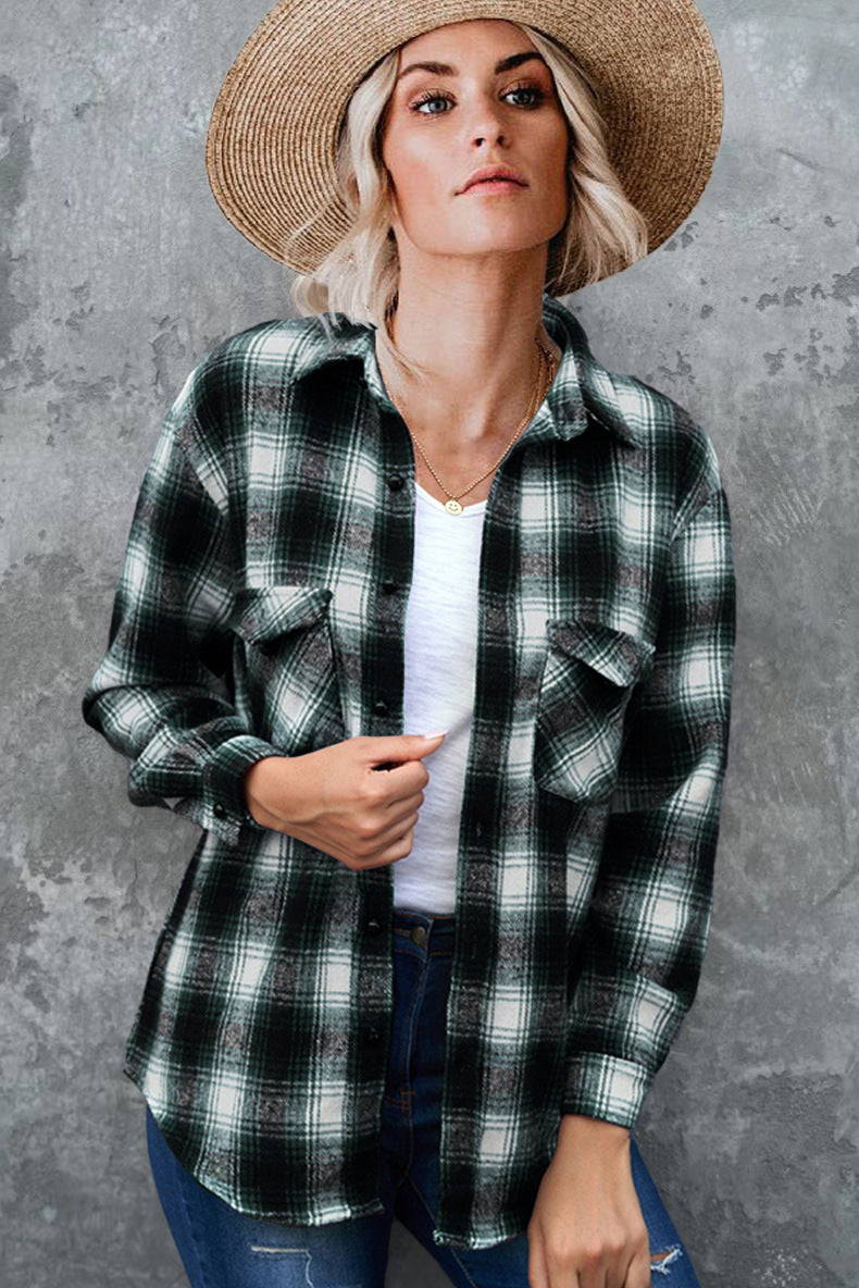Giacca Camicia in Flanella a Quadri da Donna con Tasche – Calda, Confortevole, Elegante, Casual, Perfetta per Strati Quotidiani