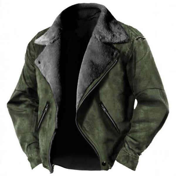 Men’s Fur-Lined Suede Biker Jacket – Retro Winter Outerwear with Asymmetric Zip