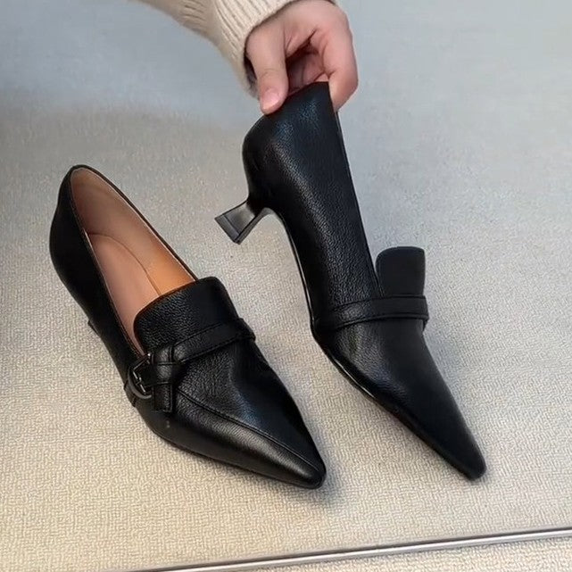 Mocasines de punta fina para mujer con tira y hebilla – Zapatos elegantes de tacón bajo para la oficina y el día a día