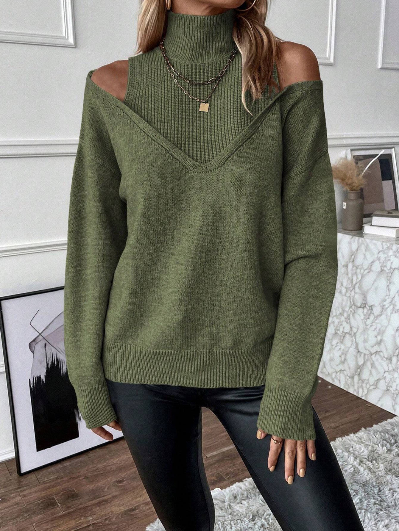 Women’s Cold-Shoulder Turtleneck Sweater – Layered Knit for Winter Wear