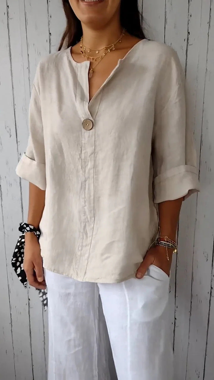 Blouse décontractée en lin pour femme – Style respirant à manches retroussables pour les journées chaudes