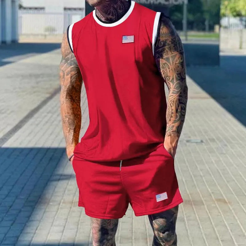 Men’s Sleeveless Two-Piece Sports Set – Contrast-Trim Tank Top with Relaxed Athletic Shorts