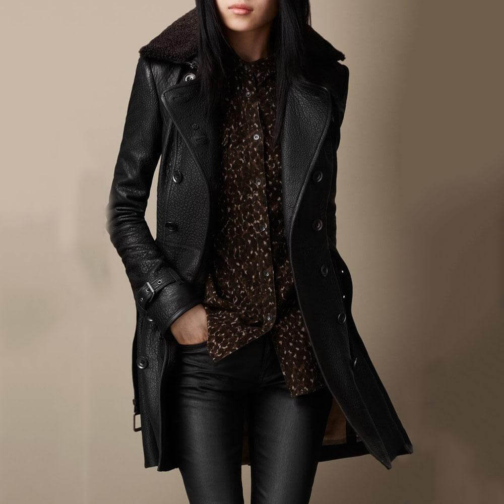Women's Elegant Double-Breasted Leather Coat with Plush Fur Collar and Tailored Longline Fit – Classic Button Front Winter Outerwear with Textured Finish for Sophisticated Smart Casual and Evening Wear