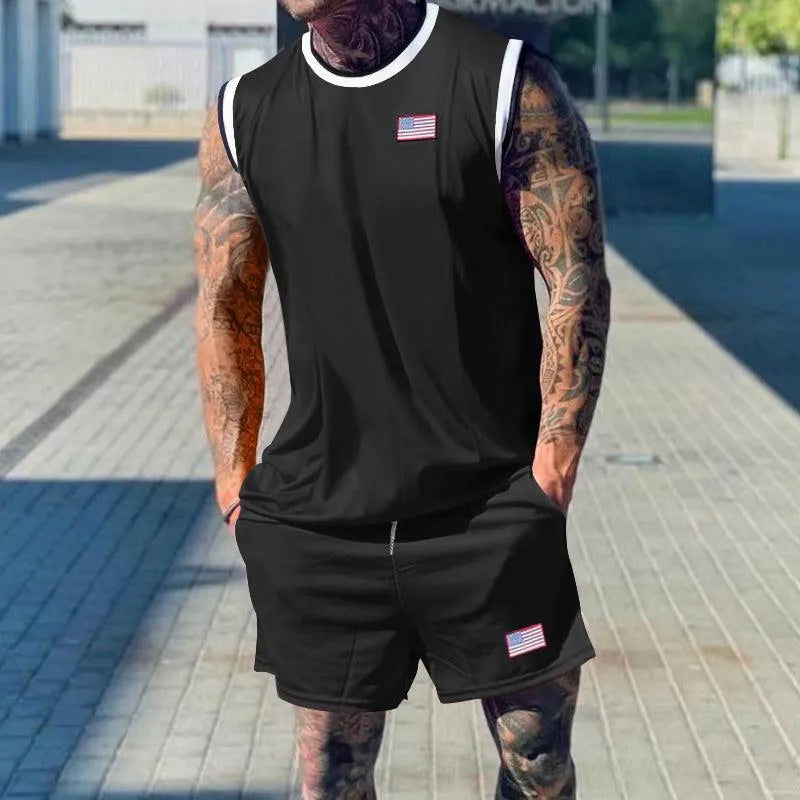 Men’s Sleeveless Two-Piece Sports Set – Contrast-Trim Tank Top with Relaxed Athletic Shorts