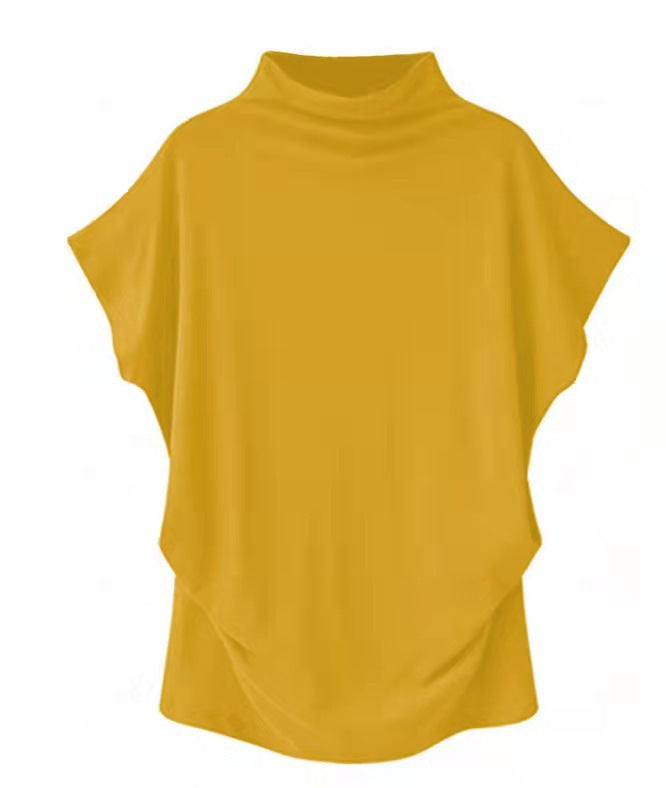 Women’s Draped High Neck Top with Short Batwing Sleeves and Asymmetric Hem – Relaxed Oversized Style for Smart Casual and Evening Outfits