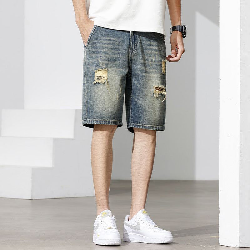 Men’s Distressed Relaxed Denim Shorts – Vintage-Wash Jeans for Casual Summer Wear