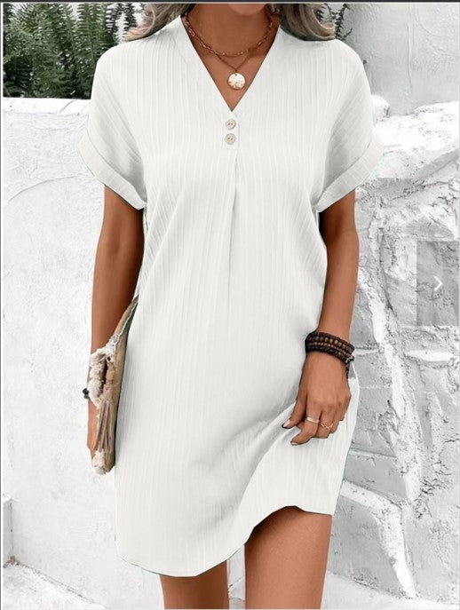 Women’s Elegant Summer Dress V-Neck Button Detail – Lightweight Breathable Comfortable Stylish Holiday Everyday Fit