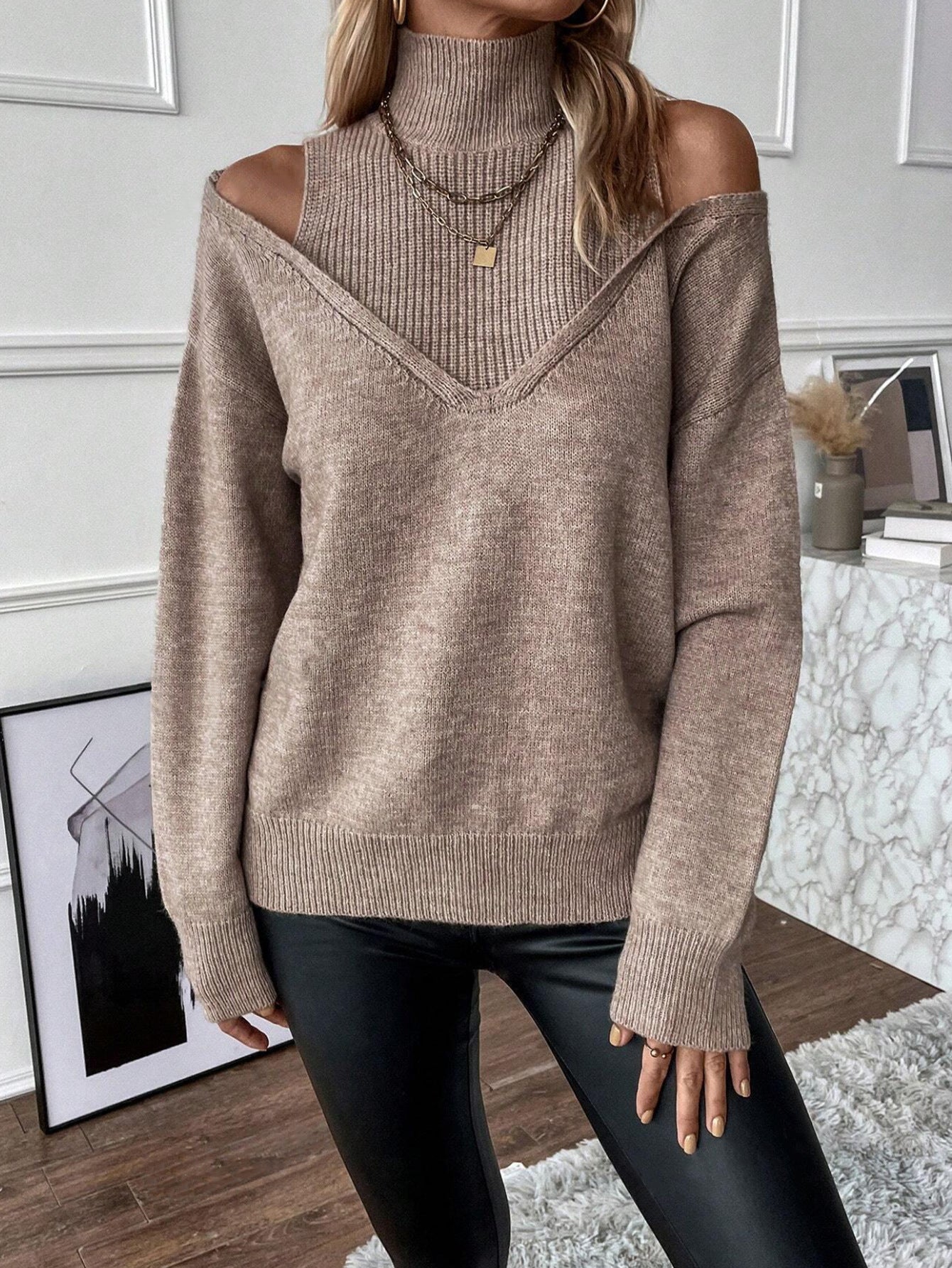 Women’s Cold-Shoulder Turtleneck Sweater – Layered Knit for Winter Wear