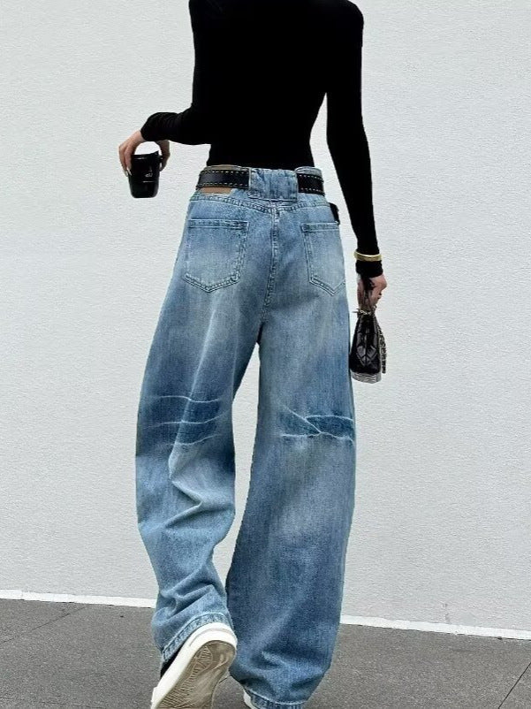 Women’s High Waist Washed Barrel Leg Denim Jeans