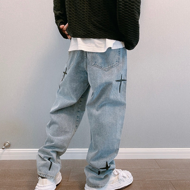 Men’s Graphic Baggy Wide-Leg Jeans – Relaxed Streetwear Denim for Everyday Wear
