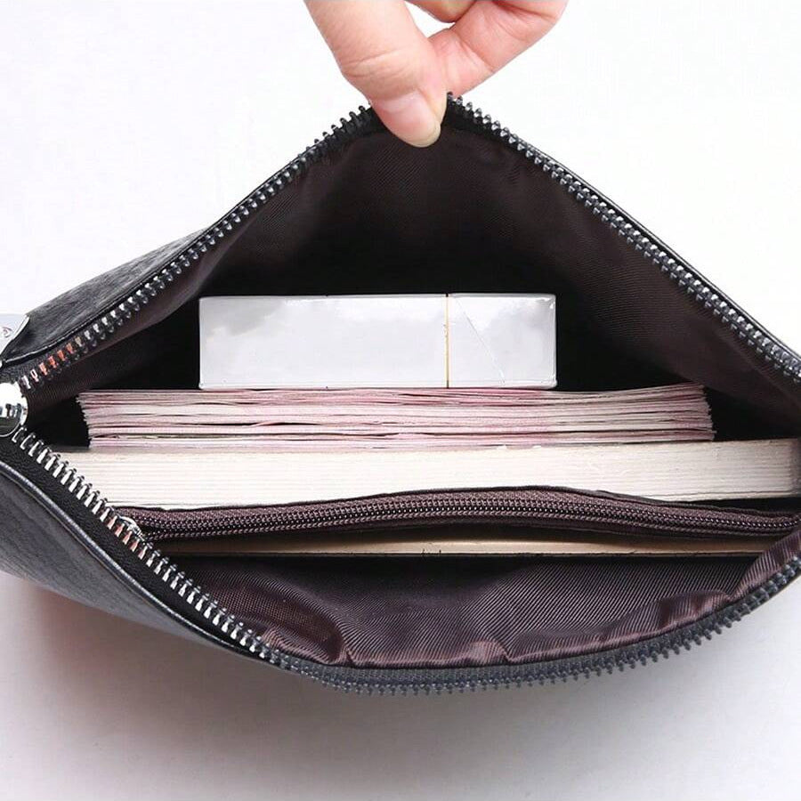 Men’s Leather Clutch Wallet Sleek Zip Business Carry Bag