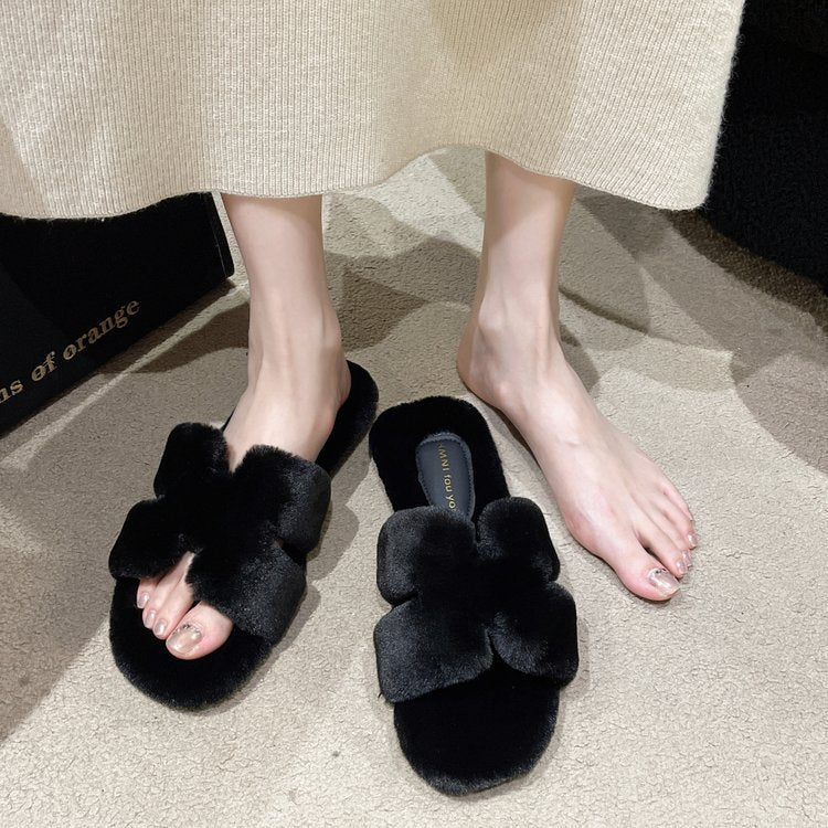 Women’s Plush Open-Toe Slippers with Oversized Bow Detail – Flat Slip-On House Shoes for Relaxed Days at Home