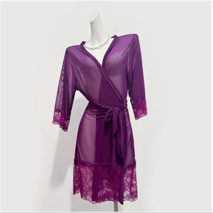 Conjunto de lencería de malla con babydoll de encaje transparente para mujer