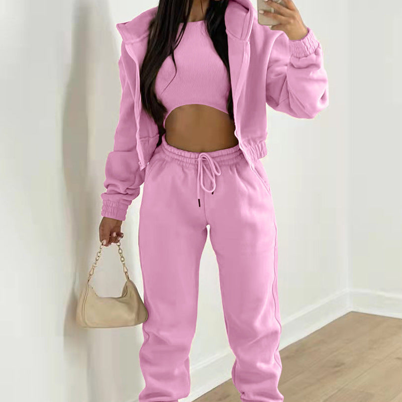 Women’s Three-Piece Athleisure Co-Ord Set – Cropped Ribbed Tank Top with Zip-Up Hoodie and Drawstring Joggers for Casual Wear