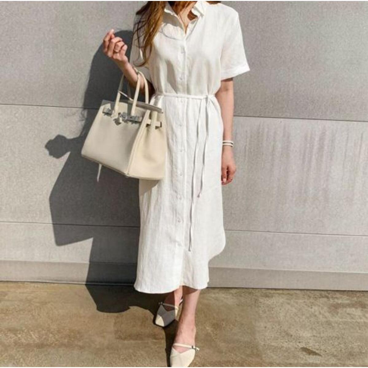 Abito camicia da donna in lino con cintura morbida in vita, stile midi
