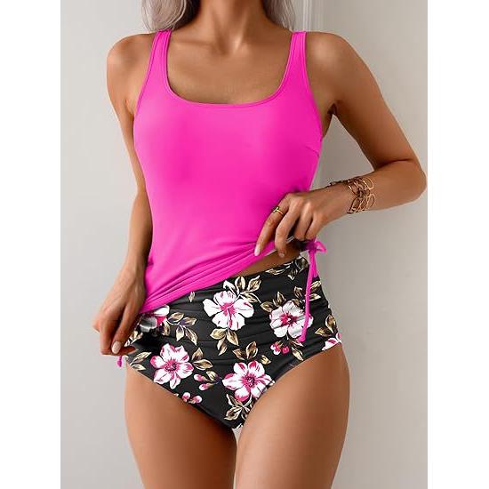 Bikini da donna con top annodato stampato e vita alta arricciata