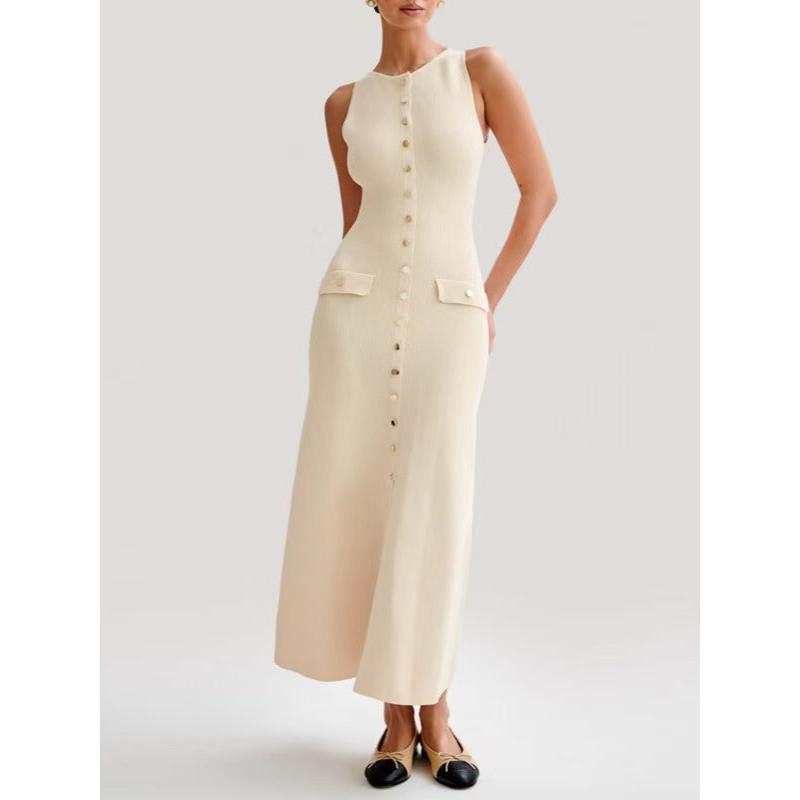 Vestido midi de punto sin mangas para mujer con botones delanteros para ocasiones especiales