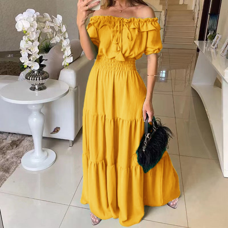 Abito maxi da donna con spalle scoperte, balze e vita arricciata – scollo con volant, modello estivo da vacanza