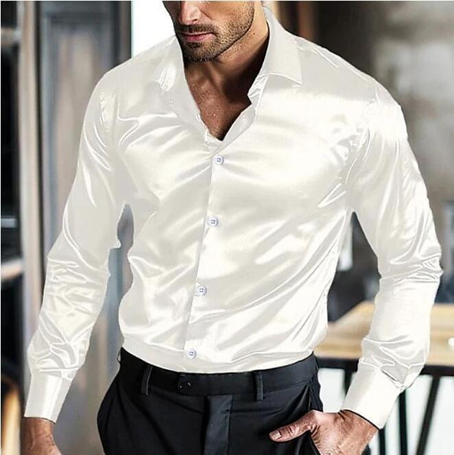Herreskjorte i satin med knaplukning – slim fit-langærmet skjorte med kontrastknapper til aften- og formelt brug