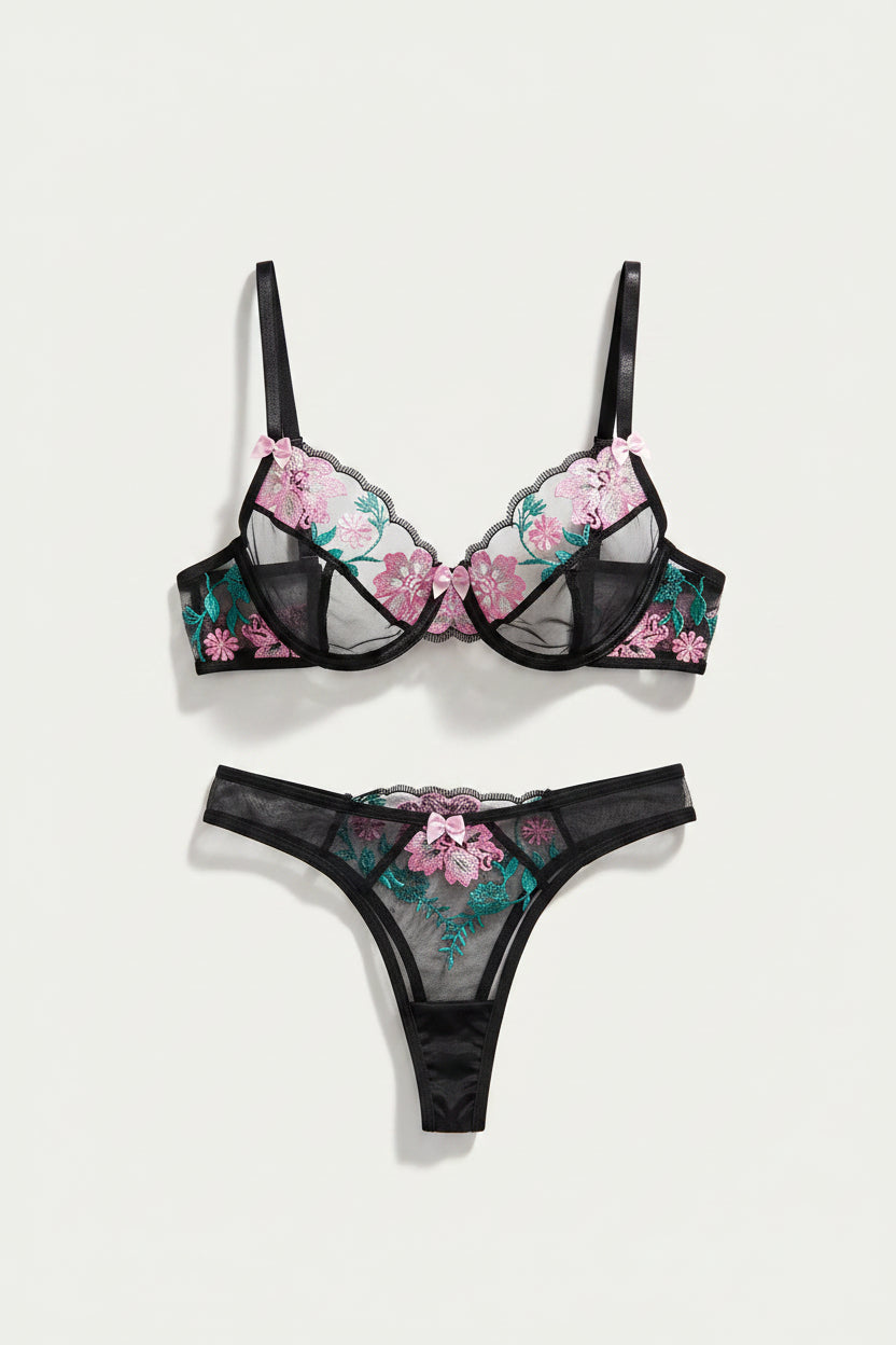 Women’s Embroidered Mesh Bra and Thong Set – Underwired Two-Piece Lingerie