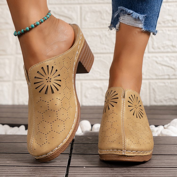 Zuecos destalonados de punta cerrada para mujer con recortes decorativos – Zapatos sin cordones con tacón ancho para looks informales de verano