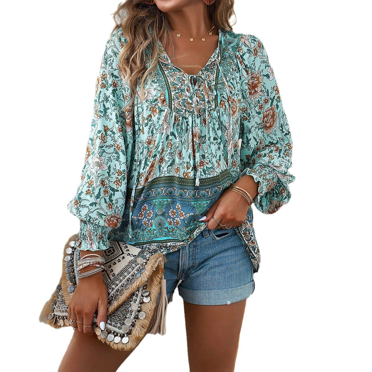 Blusa Donna con Fiocco Frontale a Fiori – Leggera, Traspirante, Confortevole, Elegante, Casual, Manica Lunga