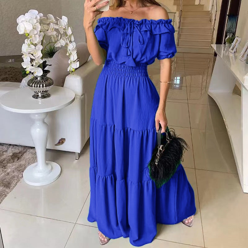 Abito maxi da donna con spalle scoperte, balze e vita arricciata – scollo con volant, modello estivo da vacanza