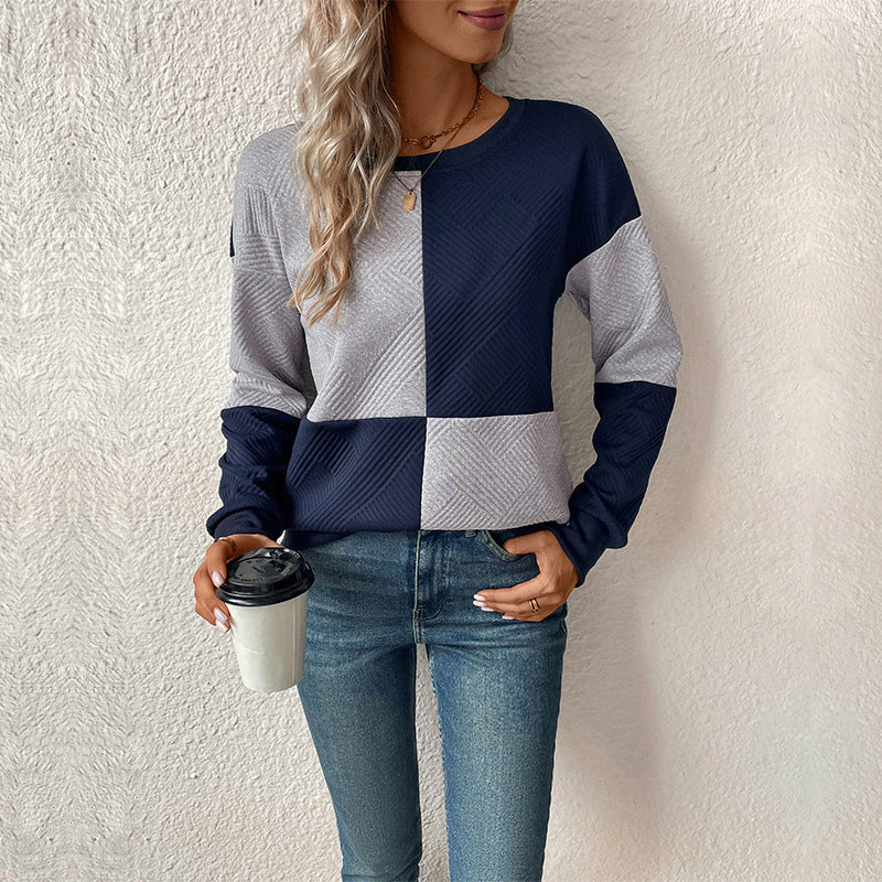 Ženska majica s geometrijskim patchwork uzorkom – teksturirani pulover s okruglim izrezom za moderan ležerni stil
