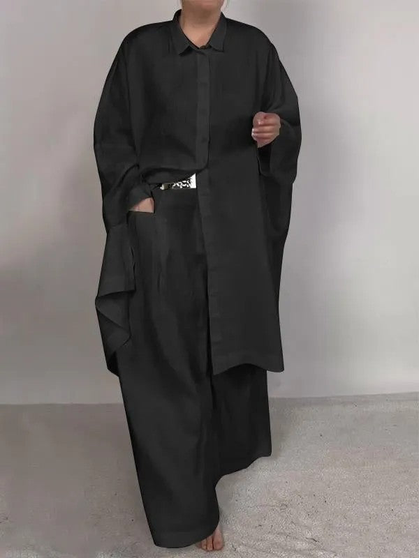 Women’s Asymmetric Shirt Trouser Set – Oversized Button-Front Top with Wide-Leg Pocket Trousers for Casual Wear