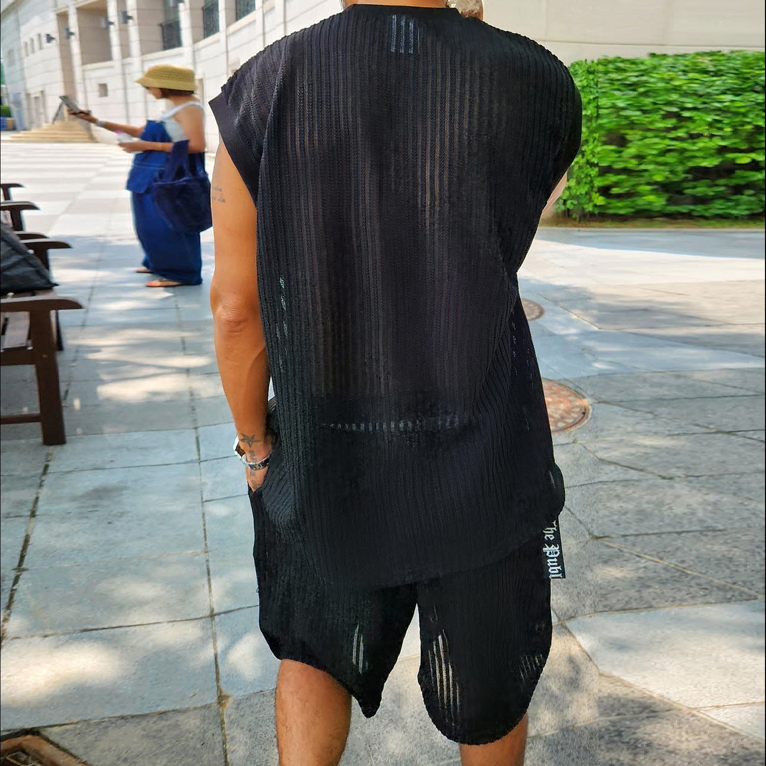Conjunto de punto texturizado para hombre Camisa y pantalones cortos relajados de verano