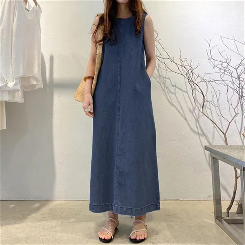 Rochie maxi casual din denim fără mâneci pentru femei