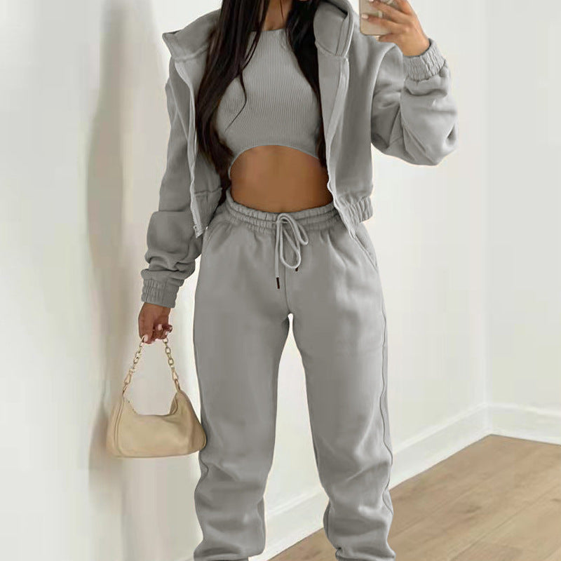 Women’s Three-Piece Athleisure Co-Ord Set – Cropped Ribbed Tank Top with Zip-Up Hoodie and Drawstring Joggers for Casual Wear